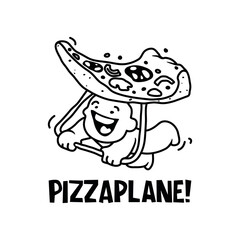 Pizza lover t-shirt design with funny boy flying on deltaplane 