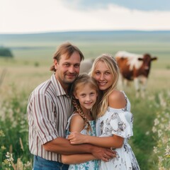 Blond-haired family of five: Dad, mom, and daughter, age 5, with braids in sunny summer field with cows