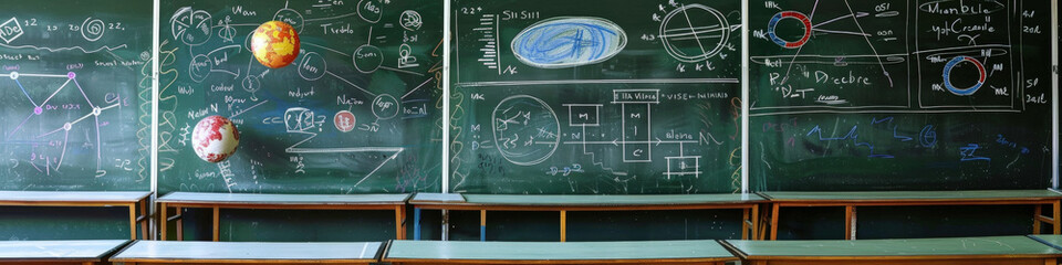 A classroom filled with numerous desks covered in chalk dust. The surfaces are marked with writings...