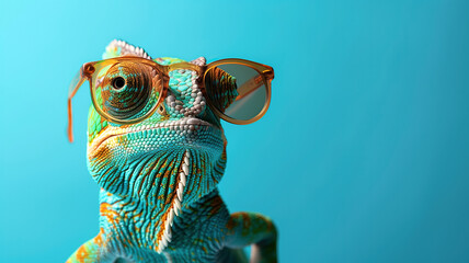 A cute chameleon wearing sunglasses on a blue background