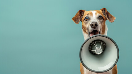 A dog holding a megaphone on a green background - obrazy, fototapety, plakaty