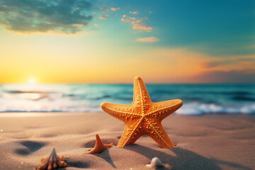 Fototapeta na wymiar Starfish on beach with sunset background