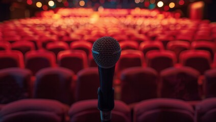 A microphone on the stage of an auditorium, with blurred people in seats and rows behind it, representing public speaking or comedy shows Generative AI
