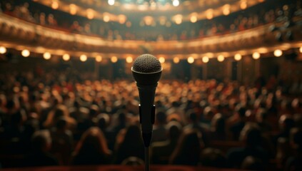 A microphone stands on the stage of an auditorium filled with people, illuminated by lights Generative AI