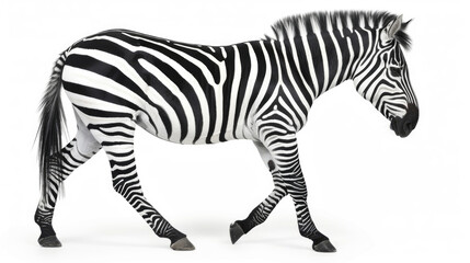 Fototapeta na wymiar A zebra is strolling across a plain white background