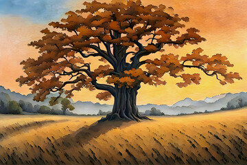 beautiful landscape watercolor painting of a grand oak tree in a grassy clearing, autumn foliage and dying plants, mountains in the distance, vivid sunset sky