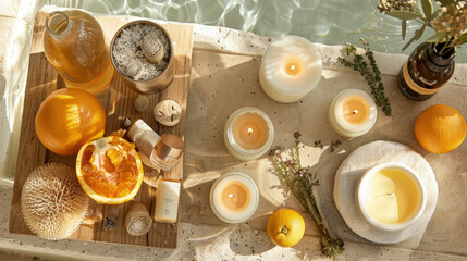 A relaxing spa setting in a sunlit bathroom with lit candles, natural skincare products, fresh oranges, and a wooden tray over a bathtub