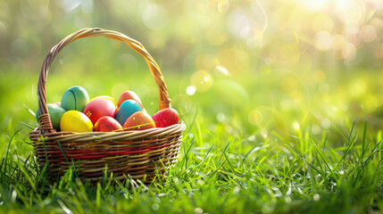A basket filled with colorful eggs is placed on top of a vibrant, green field