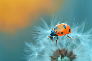 Obraz premium Beautiful ladybug on a dandelion with blue background