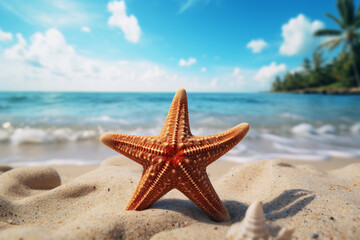 Fototapeta na wymiar Starfish on sandy beach with ocean background