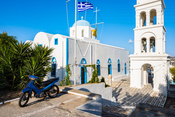 Beautiful Greek church in Adamas village port, Milos island, Cyclades, Greece - 767422781