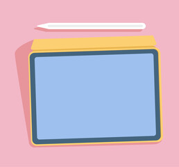 tablet ipad in flat style with pencil over pink background