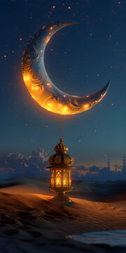 Ramadan Mubarak banner design with 3D render featuring exquisite crescent moon and illuminated Arabic lamp on a sand dune. Suitable for Ramadan celebrations and decorations.