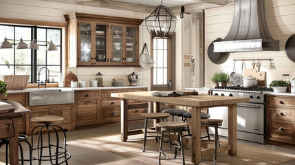 A large kitchen featuring a wooden table surrounded by chairs. The room is brightly lit, with...