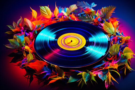 Blue record surrounded by leaves