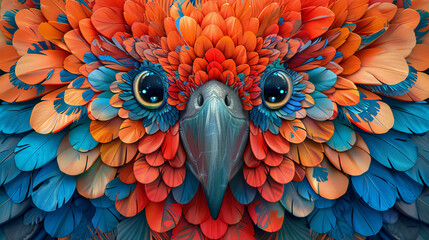 A colorful parrot with a blue and orange head and red and blue feathers - obrazy, fototapety, plakaty