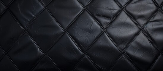 A detailed closeup shot of a luxurious black quilted leather texture resembling a pattern of wire fencing with electric blue accents, creating a unique and stylish design