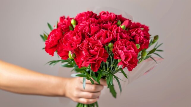  a woman's hand holding a bouquet of red carnations in a clear wrapper on a gray background.
