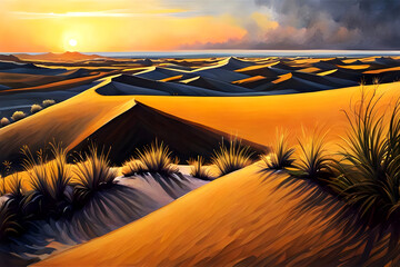 beautiful landscape watercolor painting of a sunset summer desert vista - sand dunes, shadows, and shrubs