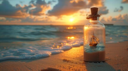Bottle on Beach: Pirate Ship, Ocean, Dramatic Sky