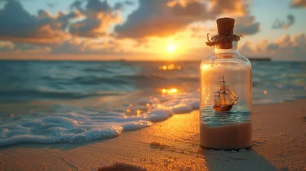 Rolgordijnen Bottle on Beach: Pirate Ship, Ocean, Dramatic Sky © TimelessTales