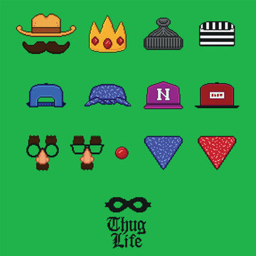 Pixel art vector illustration icon set. Baseball cap, front and back, bandana head accessories, cowboy, face mask, clown nose, prisoner hat, crown. Game assets 8-bit isolated on green chroma key video