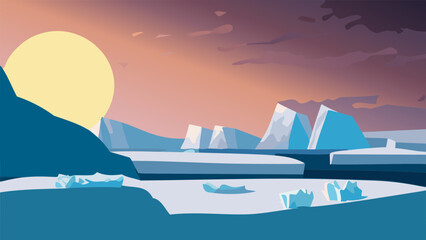 Arctic Midnight Sun landscape with icebergs and snow-covered mountains