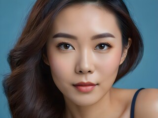 Obraz premium Portrait of young attractive Asian woman isolated on blue background. Woman with healthy skin looks at the camera. Natural makeup of young beautiful model on a studio background