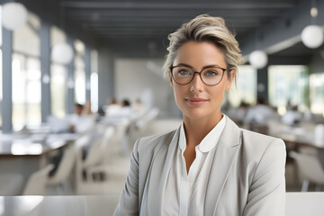 Fototapeta premium successful businesswoman in a business suit stands in the office. leader in the team.