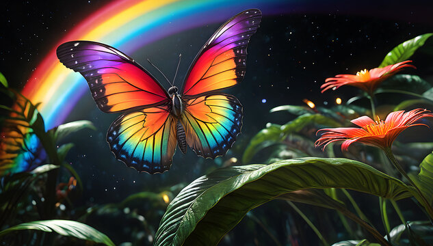  butterfly of all colors of the rainbow. bright tropical butterfly against the sky with a rainbow