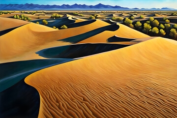 beautiful landscape watercolor painting of a desert of rolling sand dunes on a hot summer day