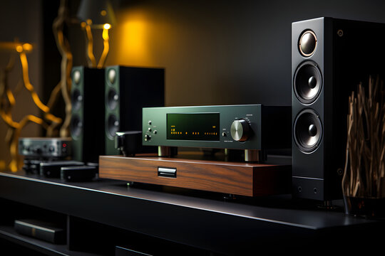 modern stereo audio speakers and amplifiers for listening to music. wideband sound system. professional audio frequency sound