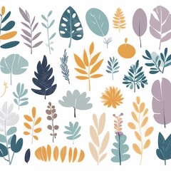 A collection of seamless pattern, colorful abstract plants and flowers. Hand drawn Collection of leaves and flowers. A close up of a pattern of flowers and leaves.
