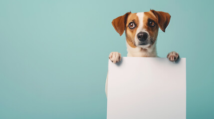 Cachorro fofo segurando um cartaz em branco isolado no fundo azul claro - obrazy, fototapety, plakaty