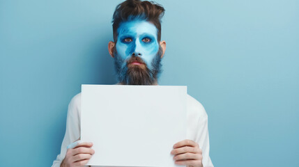 Homem com o rosto pintado de azul segurando um cartaz em branco isolado no fundo azul claro - obrazy, fototapety, plakaty