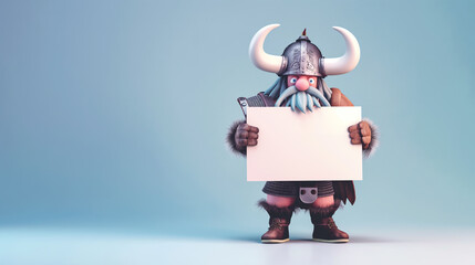 Viking segurando um cartaz em branco isolado no fundo azul claro - obrazy, fototapety, plakaty