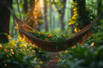 Poster Lush greenery enveloping a secluded hammock, offering a secluded escape beneath the swaying branches. Concept of peaceful solitude in nature. Generative Ai. © Sebastian