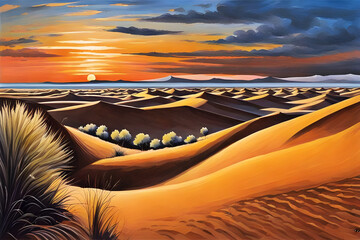 beautiful landscape watercolor painting of a desert with rolling sand dunes with shrubs and bushes at sunset