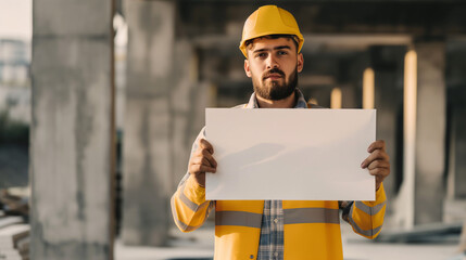 Construtor segurando um cartaz em branco em uma obra  - obrazy, fototapety, plakaty