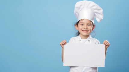 Criança com roupas de cozinheiro segurando um cartaz em branco isolada no fundo azul claro