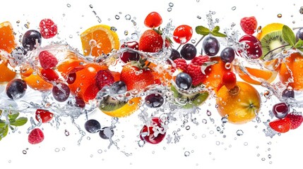 Panorama of fresh fruits. Splash with water drops. 3d high resolution collage (glass panel) for skinali. Isolated white background.