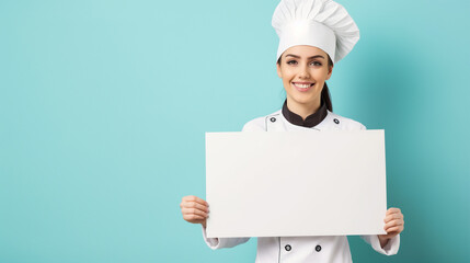 Mulher cozinheira segurando um cartaz em branco isolada no fundo azul claro - obrazy, fototapety, plakaty