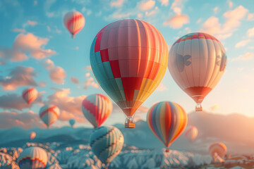 Fototapeta premium A cluster of vibrant hot air balloons gracefully ascending against the backdrop of a clear blue sky. Concept of a colorful and uplifting spring adventure. Generative Ai.