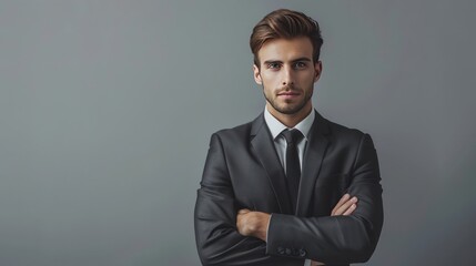 Perfect down to the last detail. Handsome young businessman adjusting his arms while standing against gray background