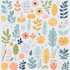 Fototapeta premium A collection of seamless pattern, colorful abstract plants and flowers. Hand drawn Collection of leaves and flowers. A close up of a pattern of flowers and leaves. 