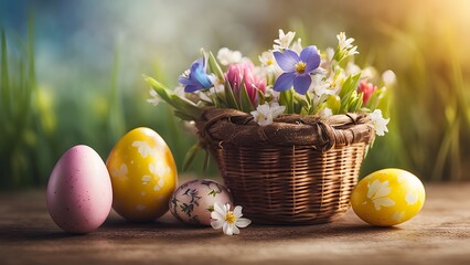 Obraz na płótnie Canvas Basket with Colorful Easter Eggs and Flower Decor, Illuminated by Contoured Light, Against Blurry Nature Background in Spring Green - Seasonal Celebration with Radiant Lighting