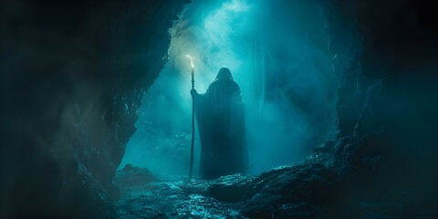 The Enigmatic Figure with a Glowing Amulet in a Dark Cave, Wielding a Wooden Staff and Channeling Energy on a Misty Night. Concept Fantasy Photography, Magical Character, Dark Cave Setting