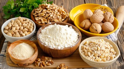  a wooden table topped with bowls filled with different types of food next to a bowl of nuts and a wooden spoon.