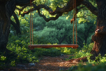 A rustic wooden swing hanging from an ancient oak tree, offering a nostalgic escape to simpler times. Concept of childhood memories and relaxation. Generative Ai.
