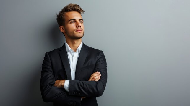 Perfect down to the last detail. Handsome young businessman adjusting his arms while standing against gray background